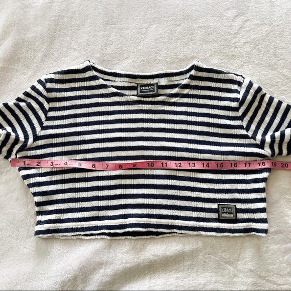 Vintage 90s Versace Jeans Couture Blue And White Striped Cotton Knit Crop Top - Picture 8 of 11